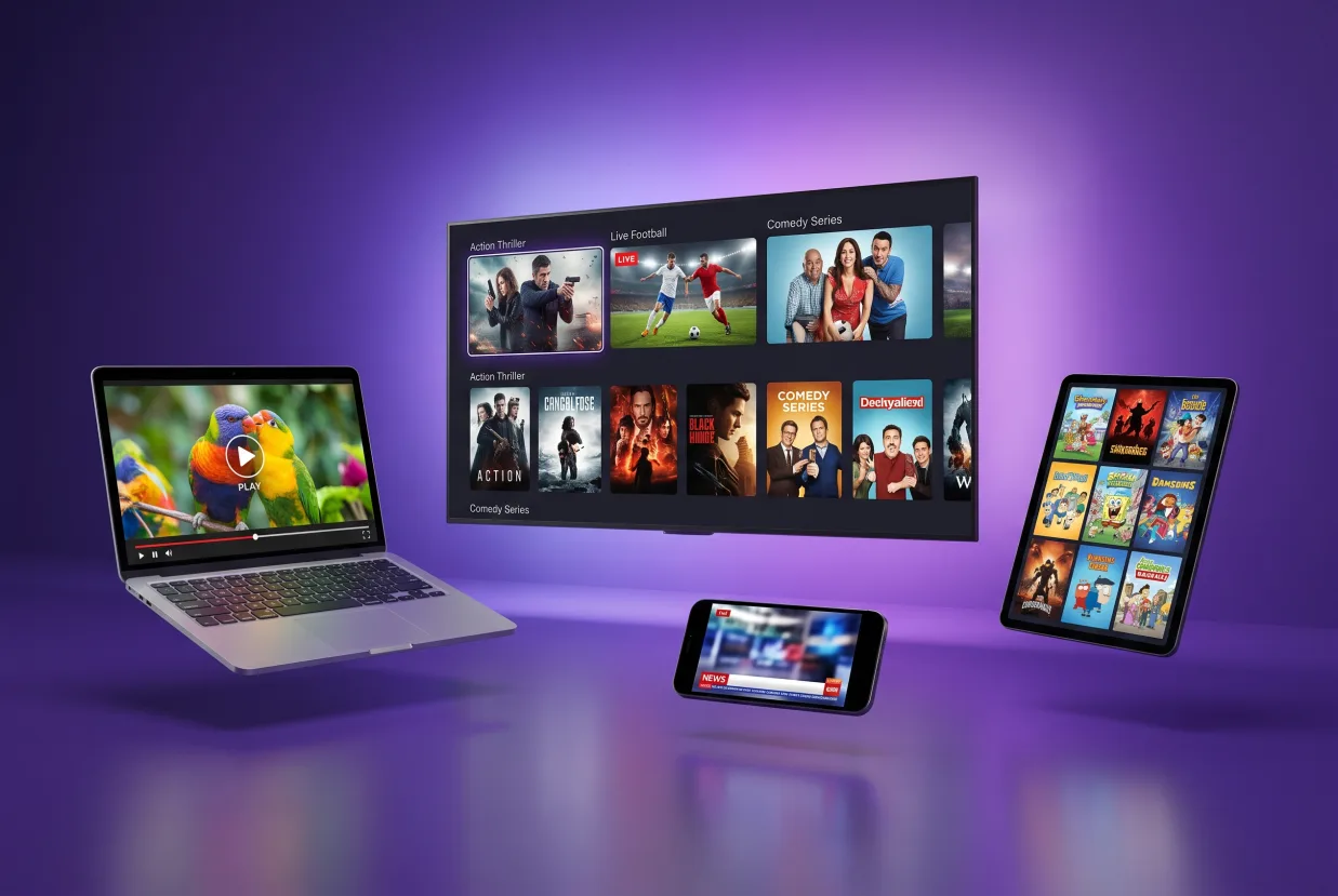 Abonnement IPTV Smarters Pro affiché sur Smart TV 4K, ordinateur portable, tablette et smartphone