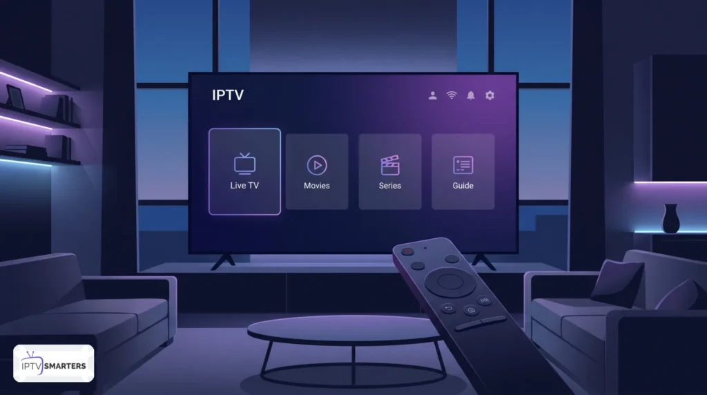 Interface de IPTV Smarters Pro affichée sur une Smart TV