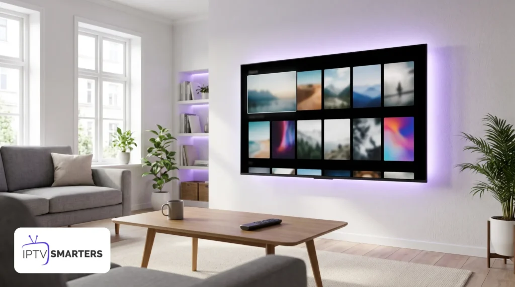 Installer IPTV Smarters Pro sur une Smart TV Samsung ou LG dans un salon moderne